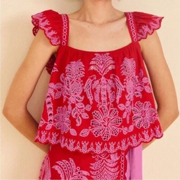 FARM Rio Tops - Farm Rio Palm Tree Richelieu Flutter-Sleeve Eyelet Embroidered Top Size Small